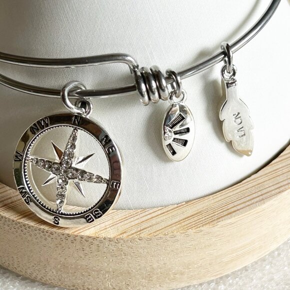 Compass Charm Silver Bangle Bracelet w Shine & Feather Charms Adjustable - Picture 5 of 8